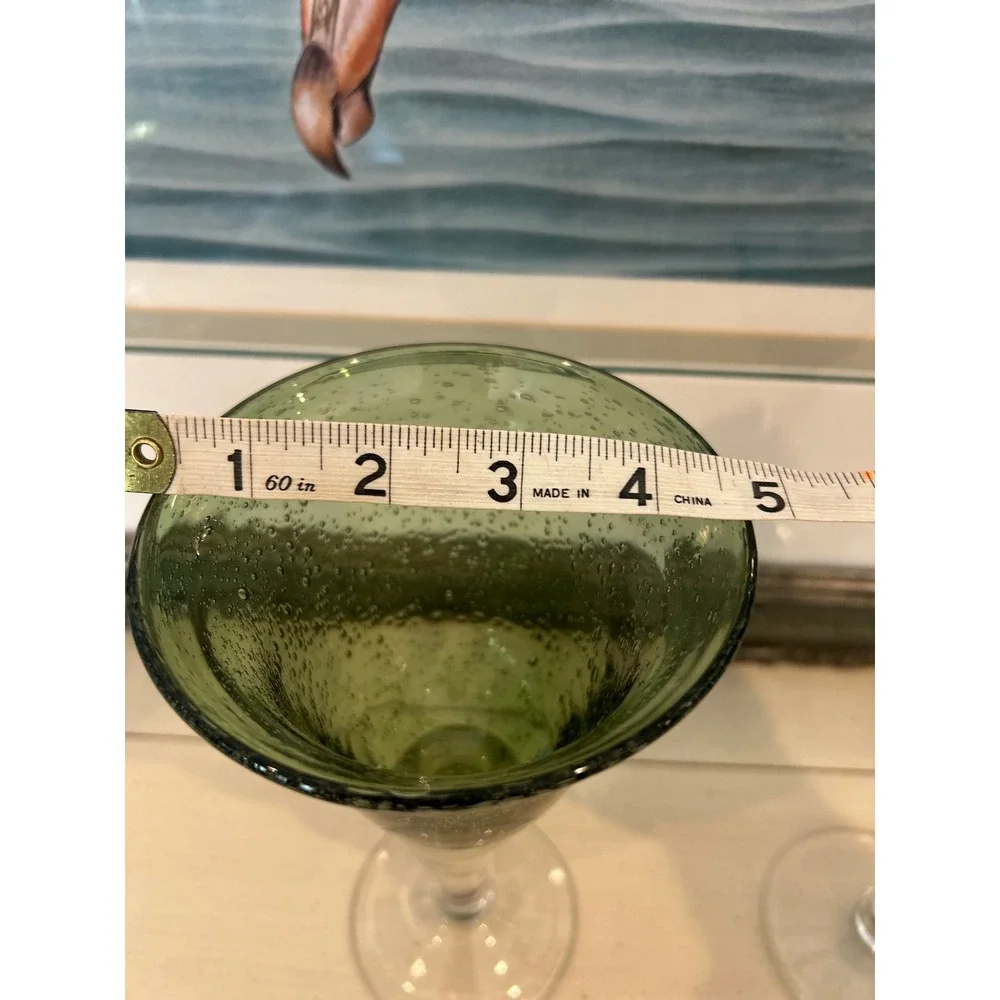 Hand Blown Seed Bubble Art Glass Wine Goblets Green Blue Set of 2 8.5